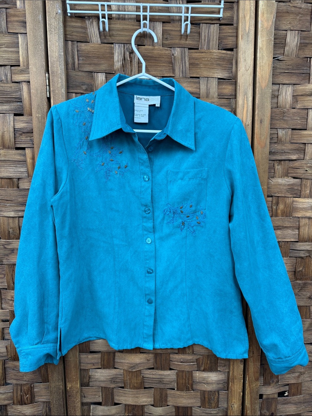 Vintage Lana Lee Teal Embroidered Button-Front Blouse